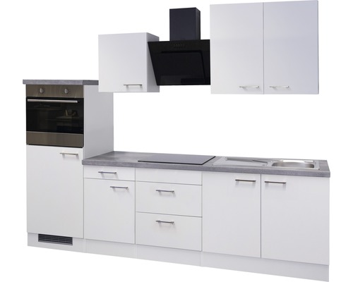 Keukenblok met spoelbak, kookplaat, oven, afzuigkap en bovenkasten