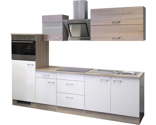 Keukenblok met spoelbak, kookplaat, oven, afzuigkap en hangkasten