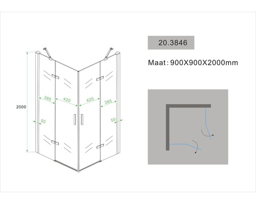 Technische tekening van een hoekdouchecabine met maatvoering
