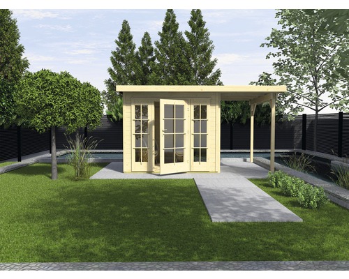 WEKA Tuinhuis Panorama 172 maat 1 met aanbouw 300 cm, 530x239 cm, naturel Tuin met houten tuinhuis met dubbele deur en overdekte veranda.