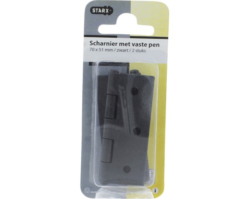 Zwart scharnier met vaste pen, 70 x 51 millimeter, 2 stuks