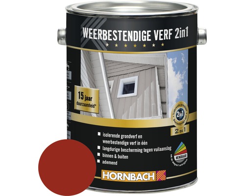 HORNBACH Weerbestendige verf 2in1 zweeds rood 2,5 l Weerbestendige verf 2in1 in een blik met kleurvoorbeeld en Hornbach logo
