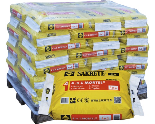 Pallet met Sakrete 4 in 1 mortel, zakken van 25 kg