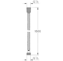 Tekening van een flexibele slang met afmetingen van 1500 mm en G 1 1/2 inch