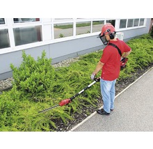 Man snoeit heg met een accu heggenschaar met telescopische steel en veiligheidsuitrusting