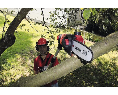 Man met helm zaagt boomstam met een kettingzaag op steel
