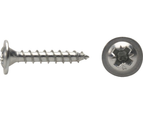 DRESSELHAUS Achterwandschroef 3,5x30 mm galv. verzinkt, 100 stuks Close-up van een schroef met linzenkop en kruiskop