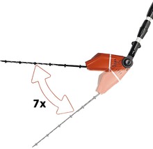 Illustratie van een heggenschaar met zevenvoudig verstelbare snijkop