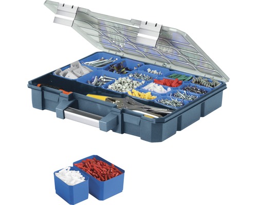 Open assortimentskoffer met gereedschap en bevestigingsmateriaal, plus twee extra bakken