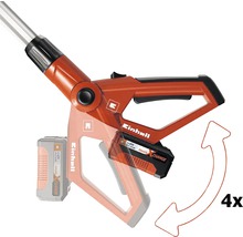 Einhell logo. Weergave van de viervoudige verstelbaarheid van de accugrastrimmer.