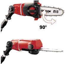 Twee weergaven van een kettingzaag op steel met een 90 graden draaibare zaagkop.