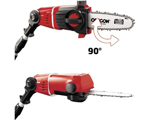 Twee weergaven van een kettingzaag op steel met een 90 graden draaibare zaagkop.
