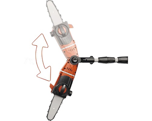 Verstelbare accukettingzaag voor boomverzorging met pijl die de flexibiliteit van het gereedschap benadrukt