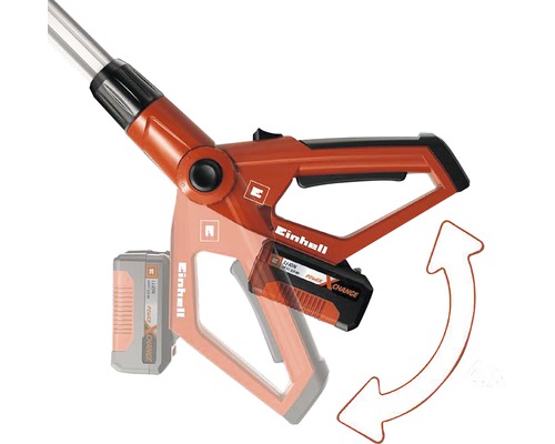 Einhell logo. Weergave van de draaibare accu op een tuingereedschap.