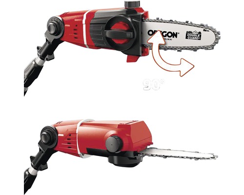 Twee weergaven van een accusnoeischaar met een 90 graden draaibare kop.