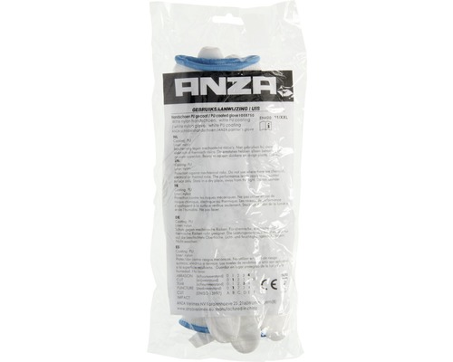 Anza Logo op een verpakking met witte nylon handschoenen met polyurethaan coating