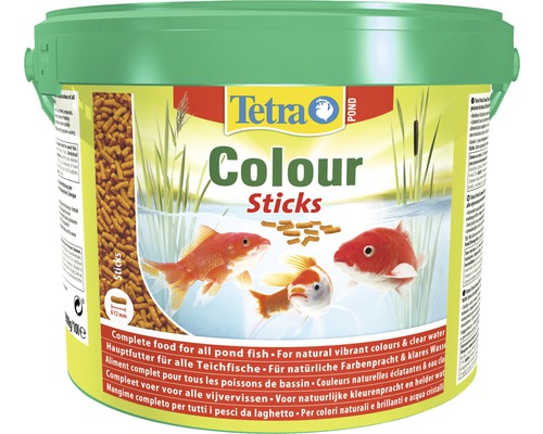 Tetra Pond Colour Sticks in een emmer voor vijvervissen