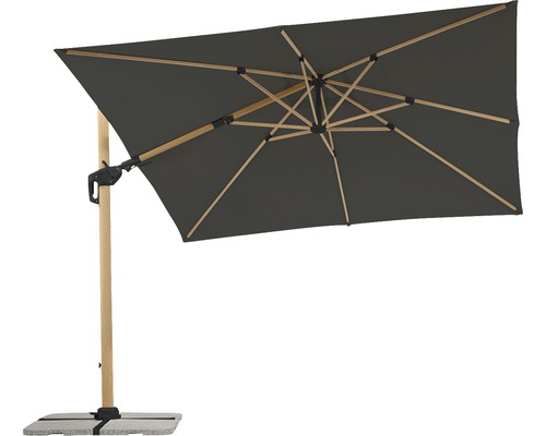 Rechthoekige zweefparasol met houten frame en stenen voet
