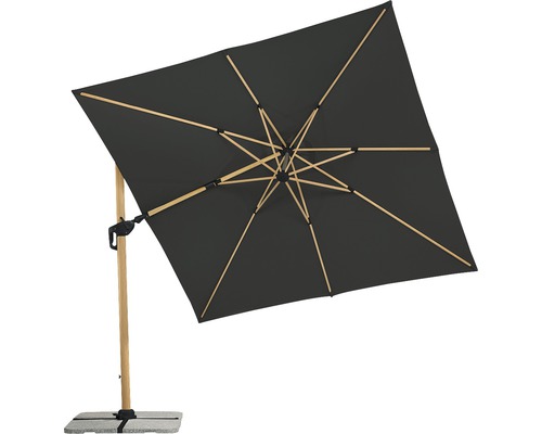Vierkante parasol met houten frame en stenen voet