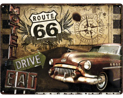 Decoratief metalen bord met Route 66, kompas, auto, motel en wegwijzers