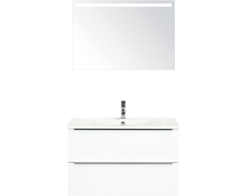 Badkamermeubelset Pulse 90 cm keramische wastafel incl. spiegel met verlichting wit hoogglans
