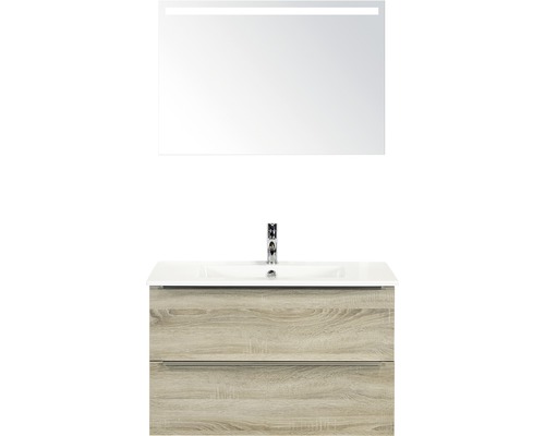 Badkamermeubelset Pulse 90 cm keramische wastafel incl. spiegel met verlichting grijs eiken