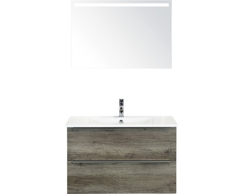 Badkamermeubelset Pulse 90 cm keramische wastafel incl. spiegel met verlichting nebraska eiken