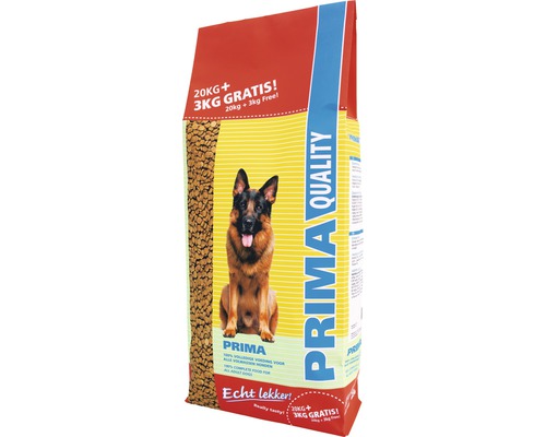 FOKKER Hondenvoer prima quality 20 kg + 3 kg gratis Verpakking droogvoer voor honden van Prima Quality met de tekst 20 kilogram plus 3 kilogram gratis