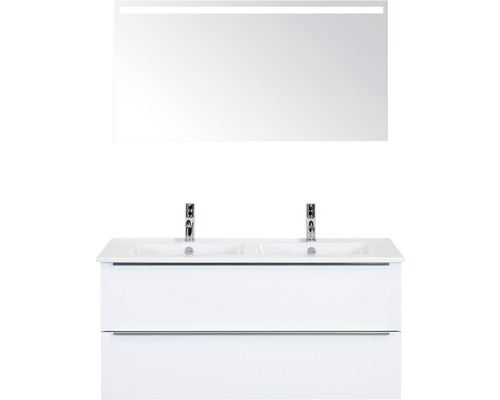 Badkamermeubelset Pulse 120 cm 2 laden keramische wastafel incl. spiegel met verlichting wit hoogglans