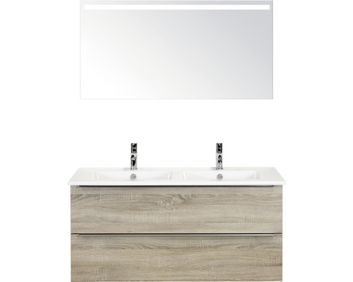 Badkamermeubelset Pulse 120 cm 2 laden keramische wastafel incl. spiegel met verlichting grijs eiken