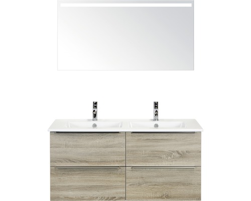 Badkamermeubelset Pulse 120 cm 4 laden keramische wastafel incl. spiegel met verlichting grijs eiken