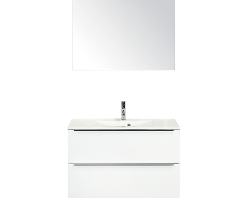 Badkamermeubelset Pulse 90 cm kunststeen wastafel incl. spiegel wit hoogglans