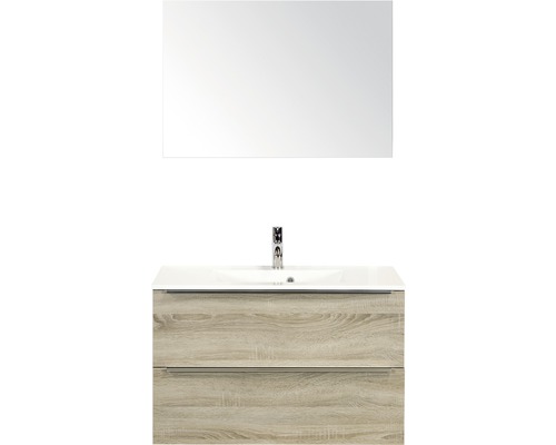 Badkamermeubelset Pulse 90 cm kunststeen wastafel incl. spiegel grijs eiken