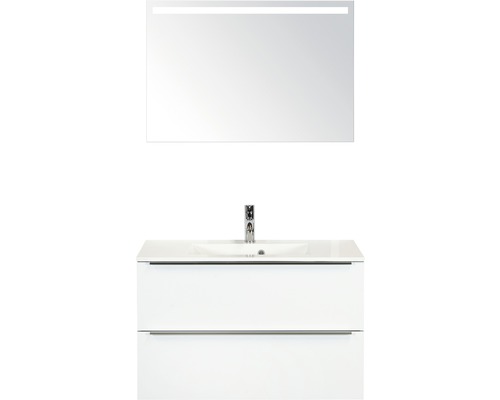 Badkamermeubelset Pulse 90 cm kunststeen wastafel incl. spiegel met verlichting wit hoogglans