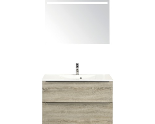 Badkamermeubelset Pulse 90 cm kunststeen wastafel incl. spiegel met verlichting grijs eiken