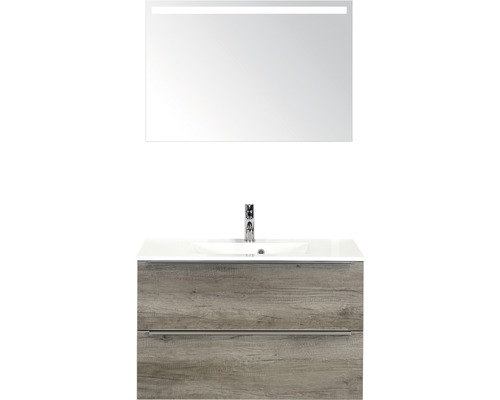 Badkamermeubelset Pulse 90 cm kunststeen wastafel incl. spiegel met verlichting nebraska eiken