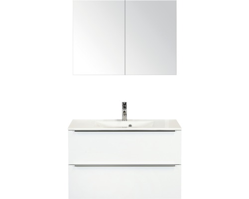 Badkamermeubelset Pulse 90 cm kunststeen wastafel incl. spiegelkast wit hoogglans