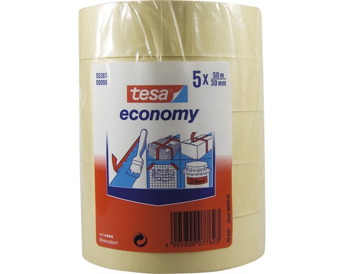 TESA Economy afplakband beige 50 m x 30 mm 5 stuks Verpakking met vijf rollen Tesa Economy schilderstape, elk 50 meter lang en 30 millimeter breed