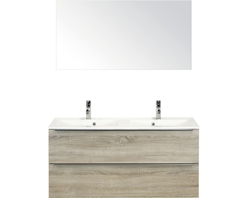 Badkamermeubelset Pulse 120 cm 2 laden kunststeen wastafel incl. spiegel grijs eiken