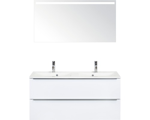 Badkamermeubelset Pulse 120 cm 2 laden kunststeen wastafel incl. spiegel met verlichting wit hoogglans