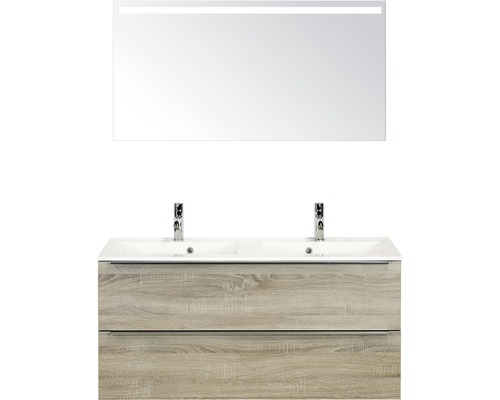 Badkamermeubelset Pulse 120 cm 2 laden kunststeen wastafel incl. spiegel met verlichting grijs eiken