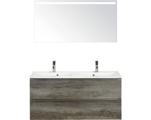 Badkamermeubelset Pulse 120 cm 2 laden kunststeen wastafel incl. spiegel met verlichting nebraska eiken