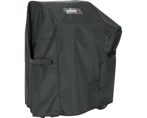 Weber logo op een barbecuehoes ter bescherming van een Weber barbecue