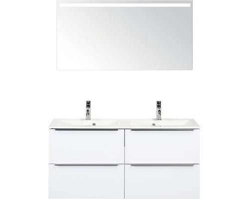 Badkamermeubelset Pulse 120 cm 4 laden kunststeen wastafel incl. spiegel met verlichting wit hoogglans