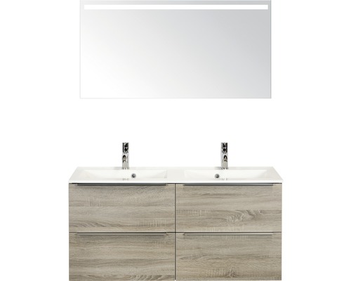 Badkamermeubelset Pulse 120 cm 4 laden kunststeen wastafel incl. spiegel met verlichting grijs eiken