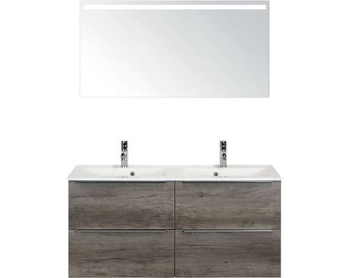 Badkamermeubelset Pulse 120 cm 4 laden kunststeen wastafel incl. spiegel met verlichting nebraska eiken