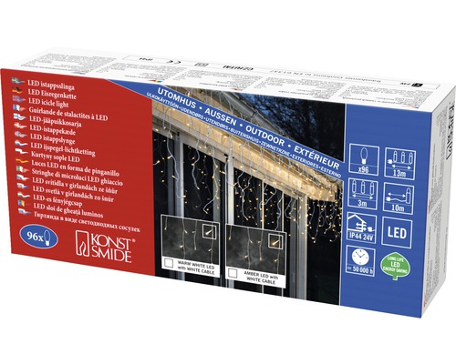 Verpakking van een Konstsmide LED-ijspegellichtsnoer voor buiten met 96 lampen