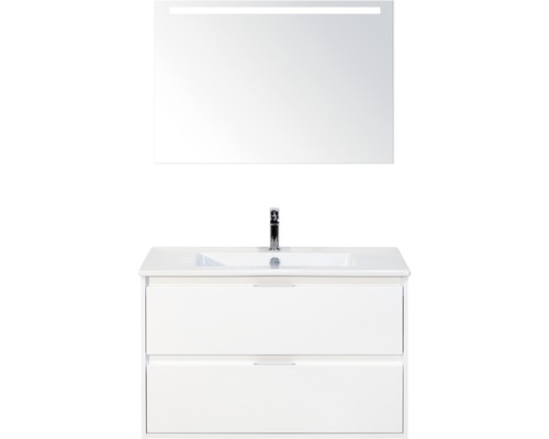 SANOX Badkamermeubelset Porto met LED lichtspiegel en wastafel 91 cm wit Wastafelmeubel met twee lades, wastafel, kraan en verlichte spiegel