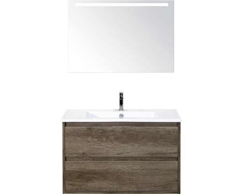 SANOX Badkamermeubelset Porto met LED lichtspiegel en wastafel 91 cm nebraska eiken Wastafelcombinatie met spiegel en twee lades