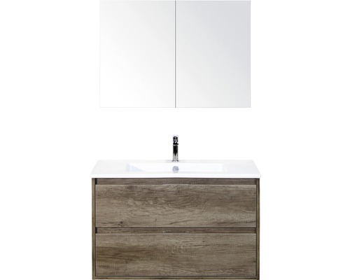 SANOX Badkamermeubelset Porto met spiegelkast en wastafel 91 cm nebraska eiken Badkamer wastafelcombinatie met spiegel en onderkast